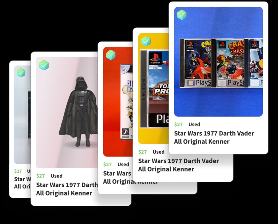Product listing cards showing collectibles for sale